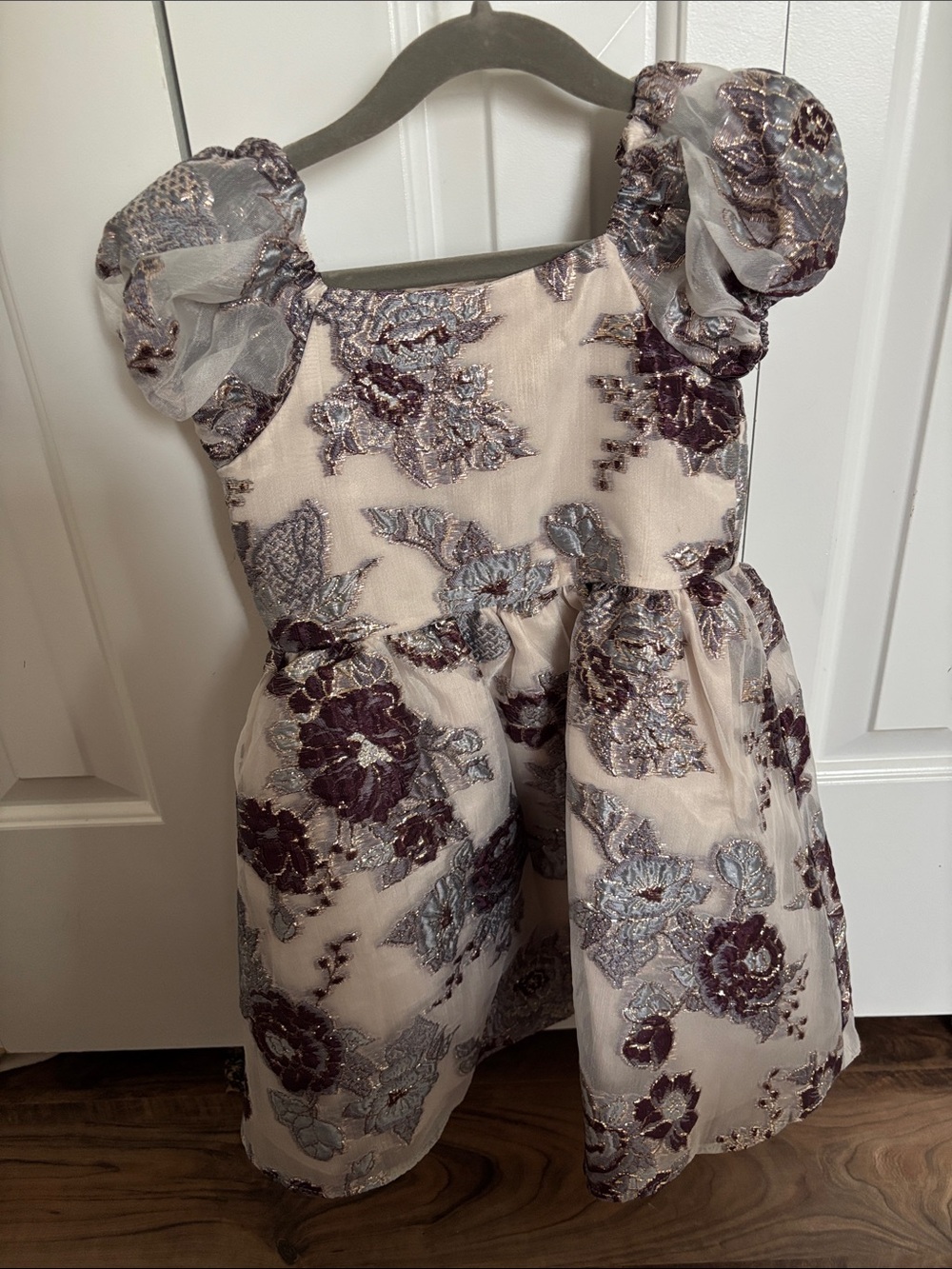 Rare Editions Cream Dress with Purple Floral Embroidery